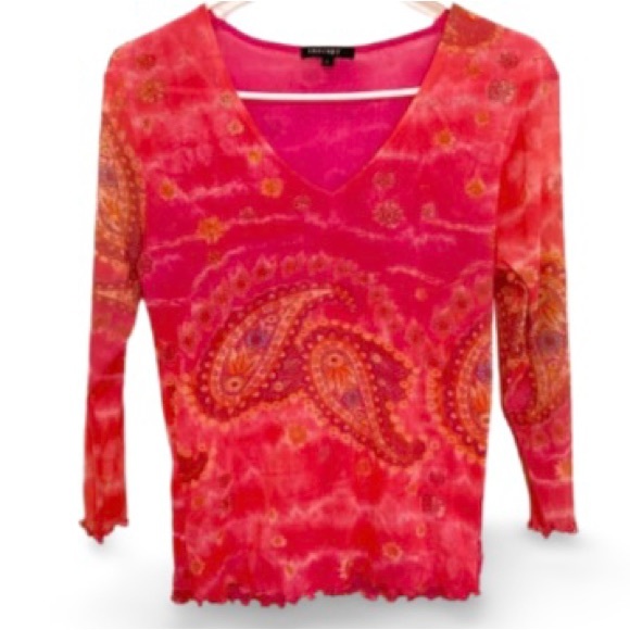 Therapy Pink Paisley V-Neck Long Sleeve Blouse With Mesh Lettuce Hem - Size L - Picture 2 of 8